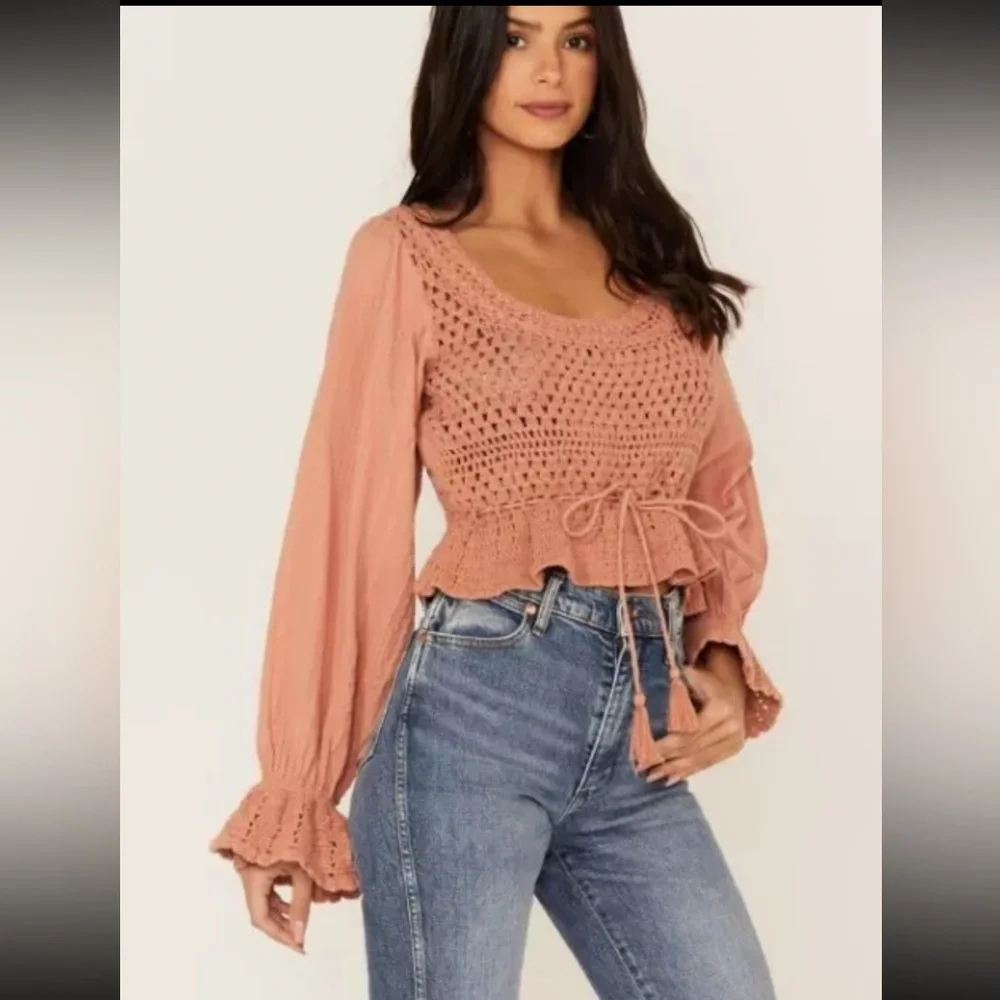 Free People Women's Megan Crochet Knit Peplum Puff Sleeve Top | NEW!!!⭐️⭐️‎